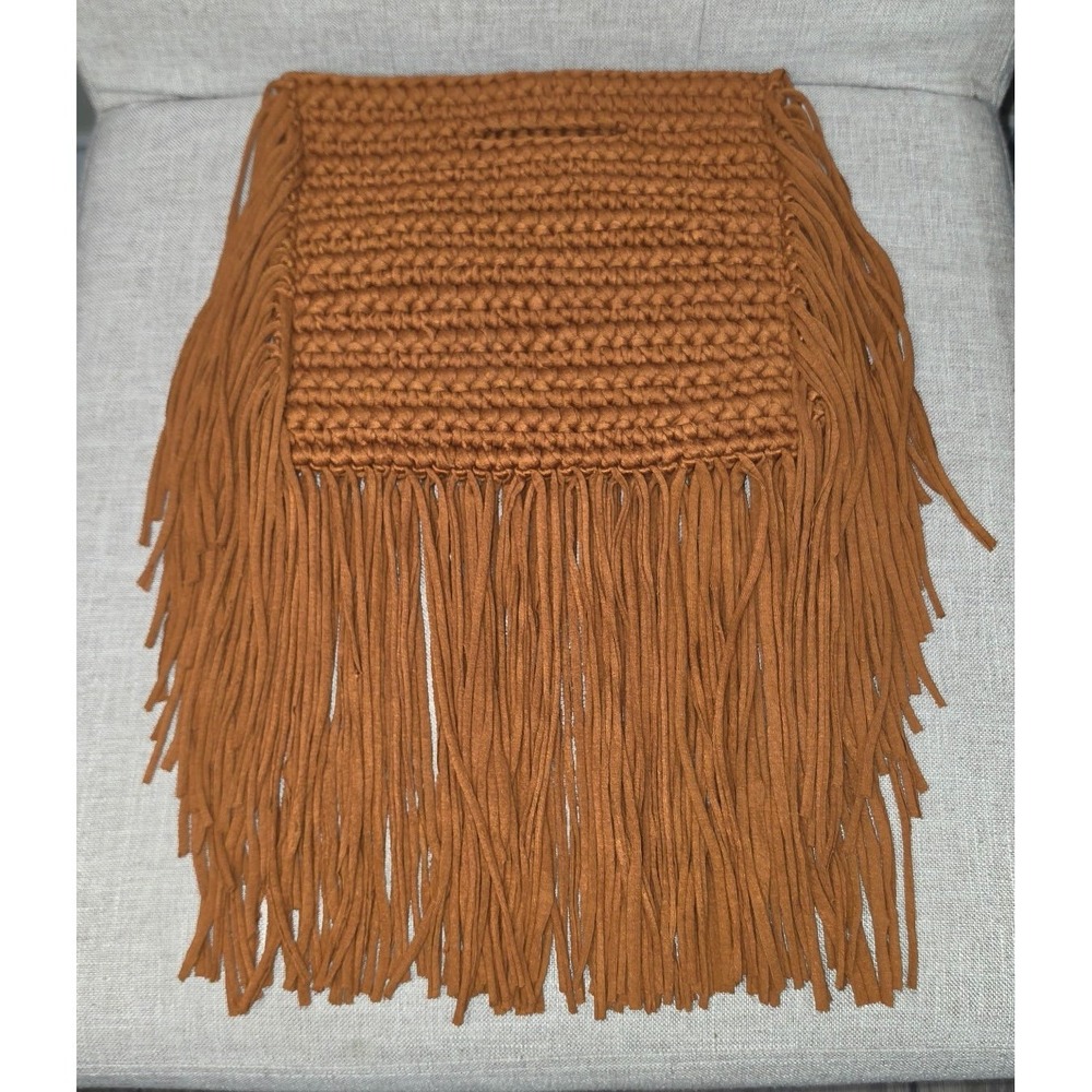BINGE Knitted Fringe Clutch Bag Rust Brown Boho Crochet Handbag Handle Bag